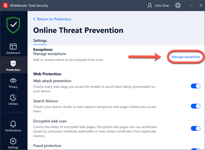Click Manage exceptions to start whitelisting a safe website.