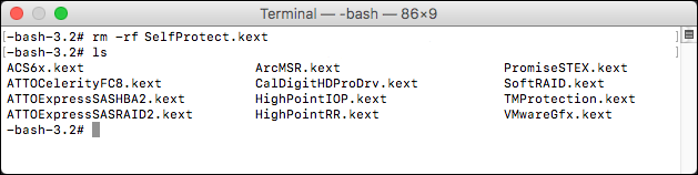 Using the rm –rf SelfProtect.kext command in Terminal