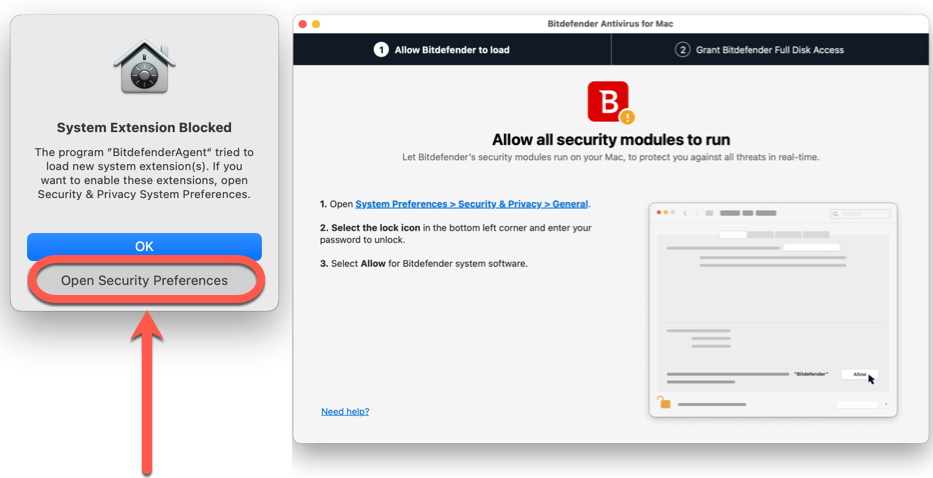 Open Security Preferences to install Bitdefender Antivirus for Mac