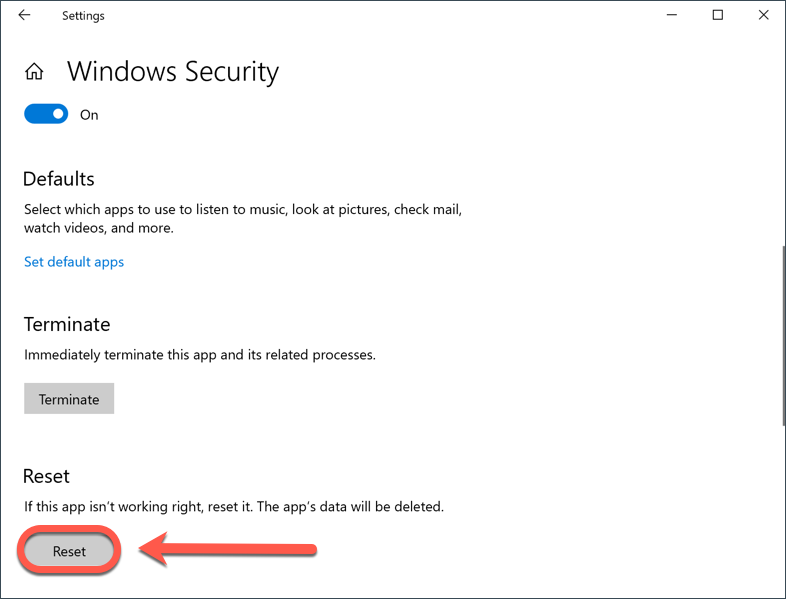 Reset Windows Security Center via Settings