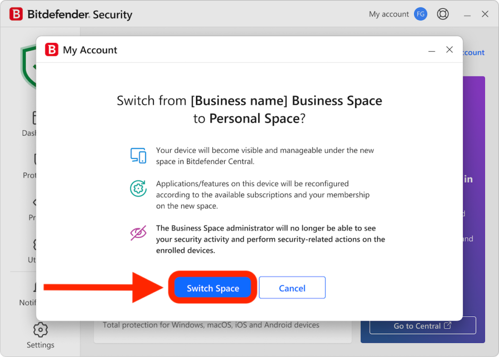 Switch from Business to Personal Space