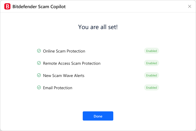 设置Scam Copilot 。一切就绪！