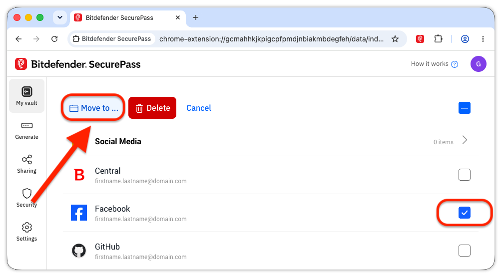 如何將項目移至 SecurePass 資料夾