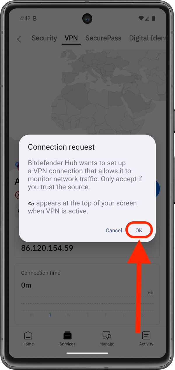 在 Android 裝置上,請點選「確定」以授予 VPN 權限