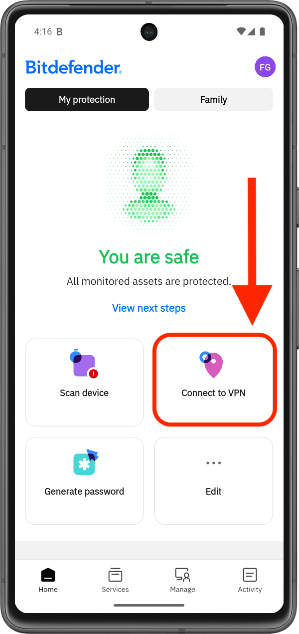 如何在 Android 上連線至 VPN — Bitdefender Hub 主畫面