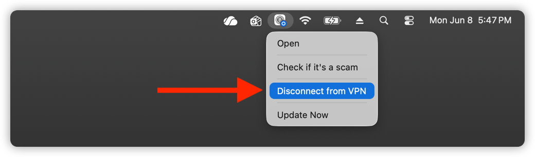 如何在 macOS 上透過選單列圖示斷開 VPN 連線