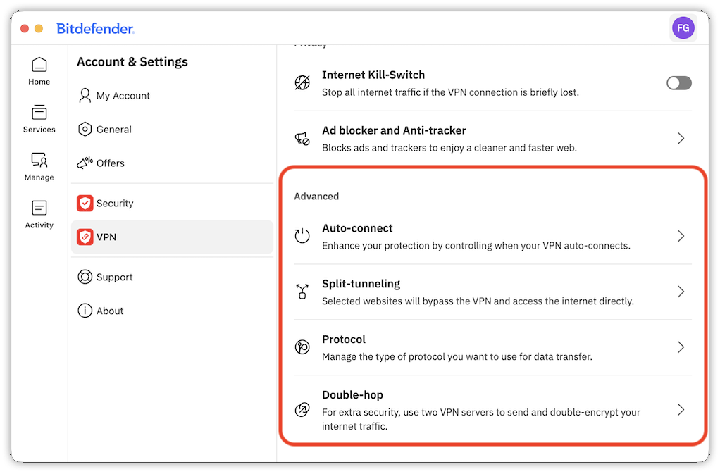 Bitdefender for macOS 中的 VPN 進階設定