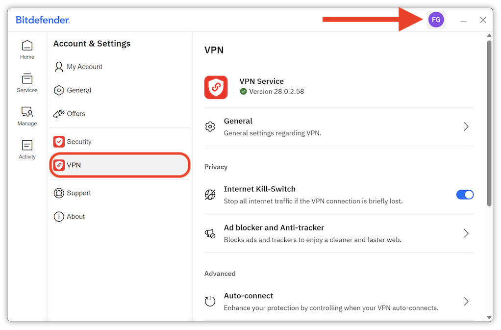 如何在 Bitdefender 應用程式中存取 VPN 設定