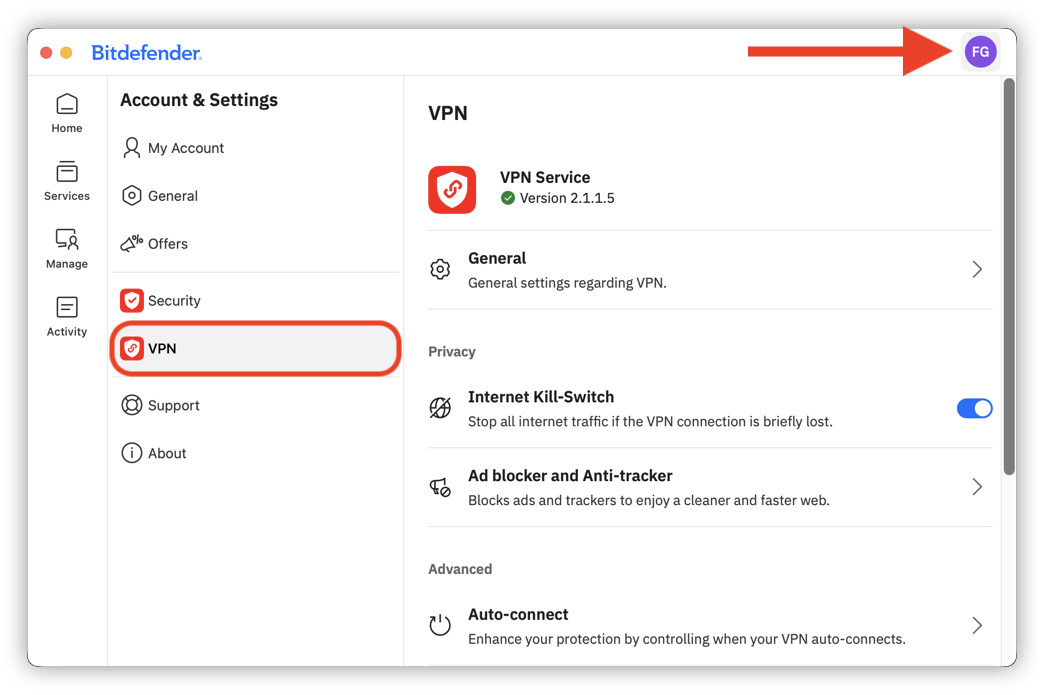 如何在 Bitdefender 應用程式中存取 VPN 設定