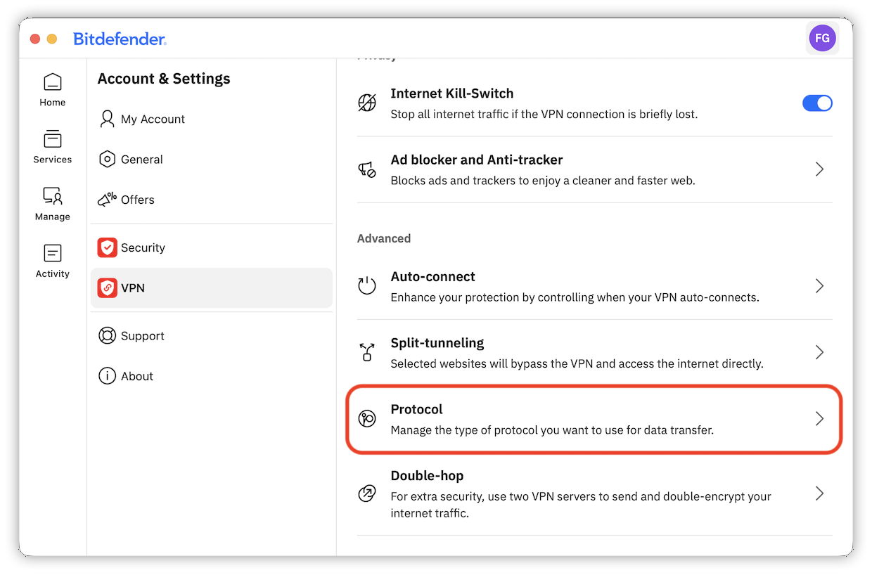 Bitdefender 桌面應用程式的 VPN 協定