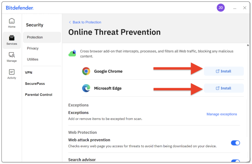 在 Windows 瀏覽器上安裝 Bitdefender Web Sage 擴充功能